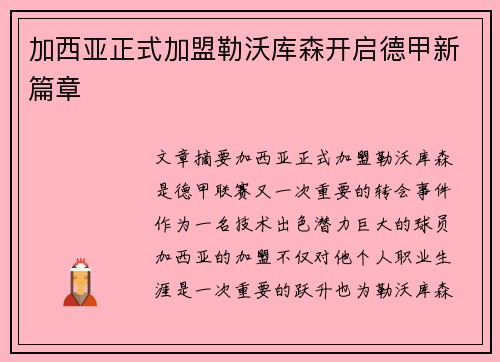 加西亚正式加盟勒沃库森开启德甲新篇章