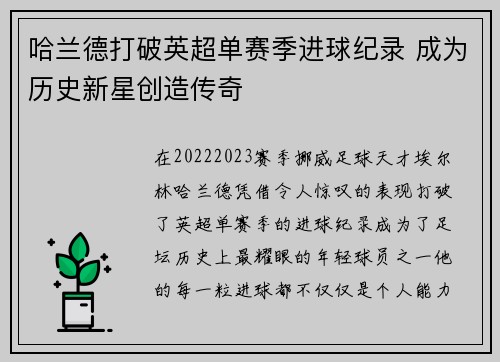 哈兰德打破英超单赛季进球纪录 成为历史新星创造传奇